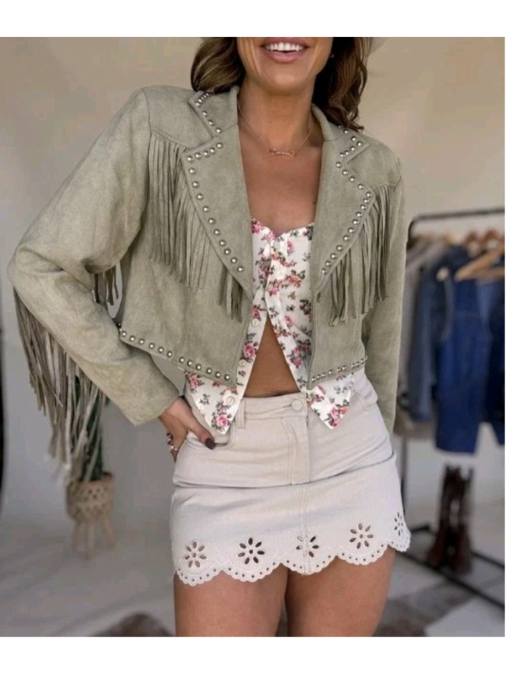 Saints & Hearts Womens Sz L Faux Suede Fringe Studded Western Cowgirl Jacket NWT